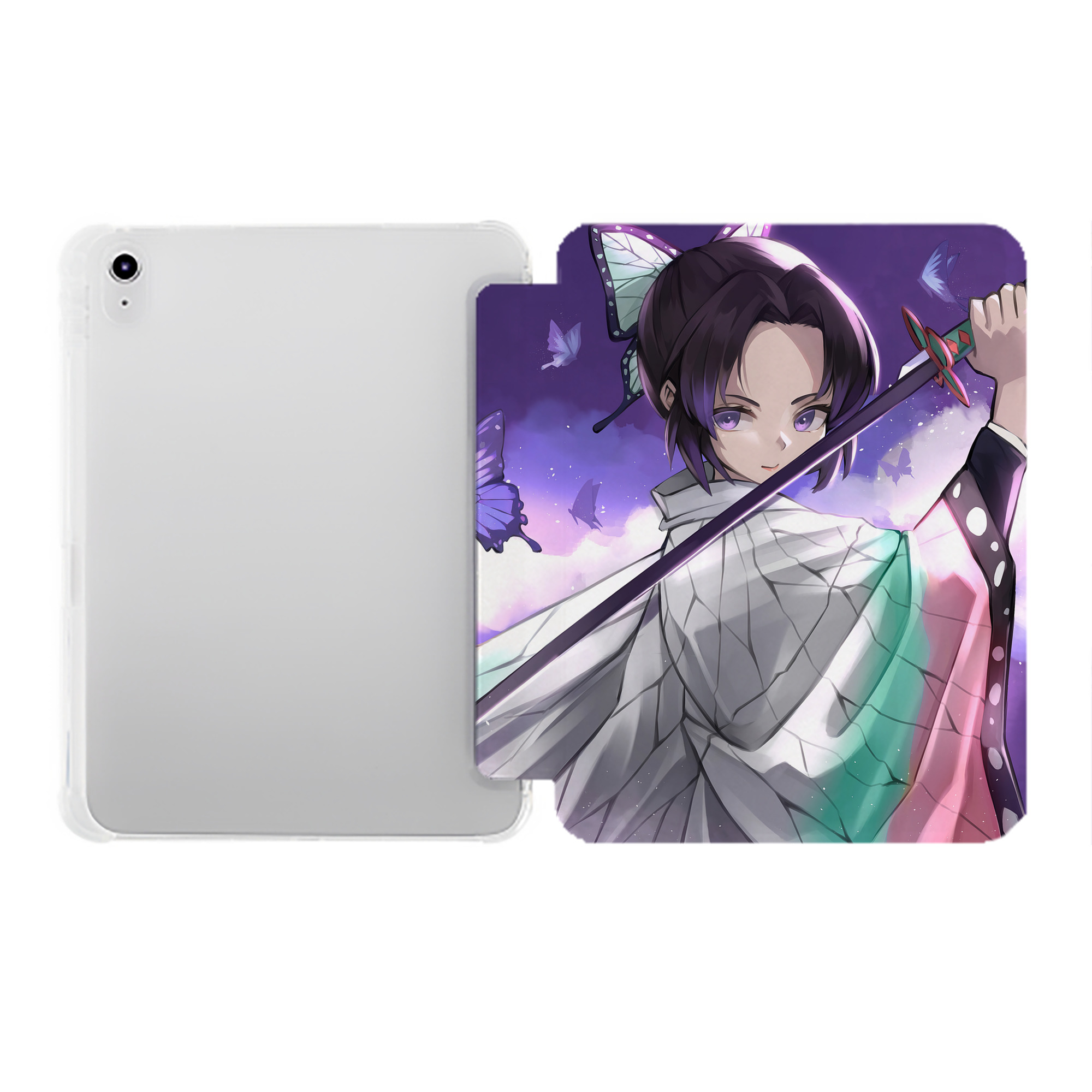 （画像用） 鬼滅の刃（きめつのやいば）蟲柱-胡蝶 しのぶ／こちょう しのぶ Kochou Shinobu IPad ケース ペン収納付き 三つ折りスタンド PUレザー×シリコン 対応機種9.5/10.5/10.9インチ